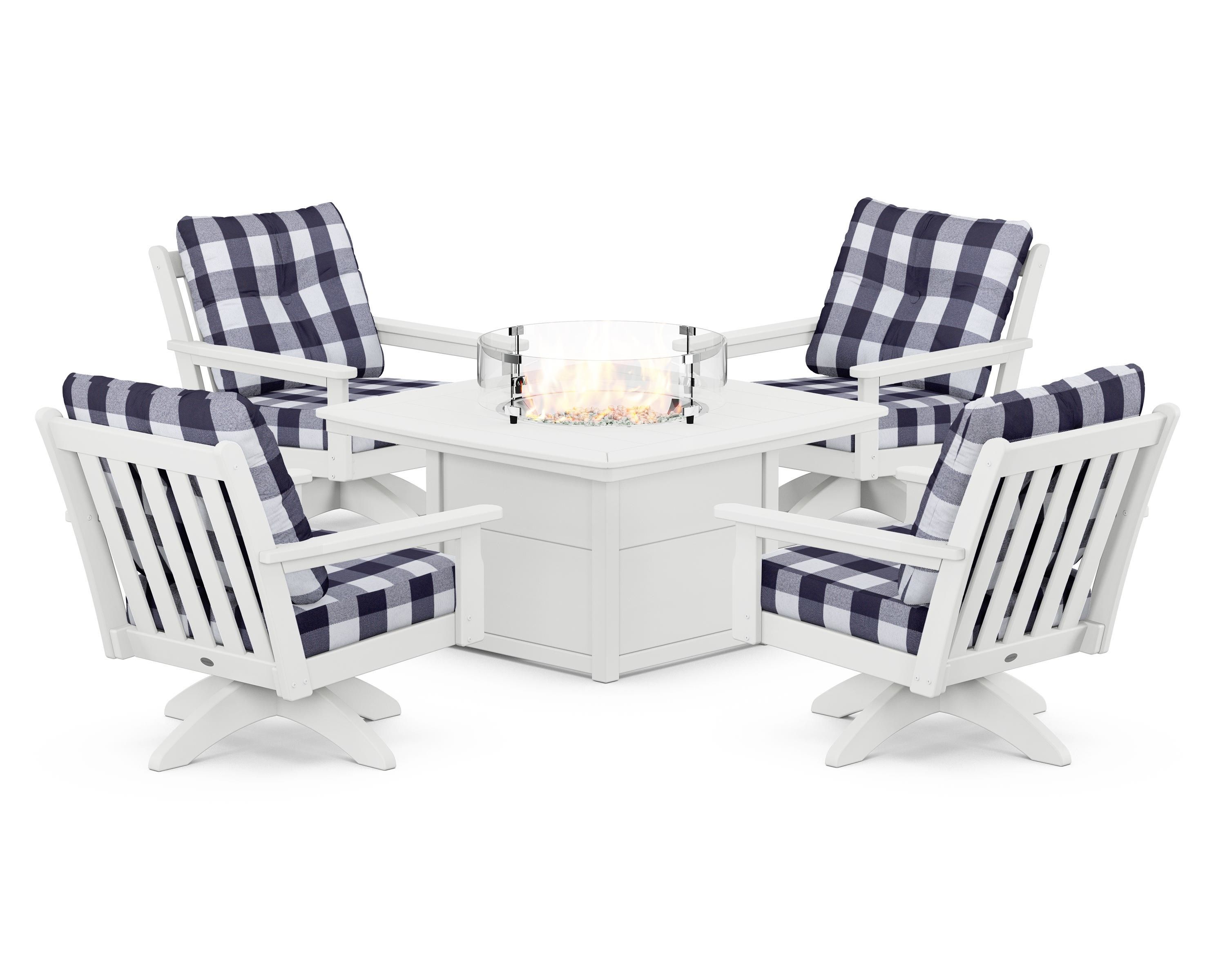 POLYWOOD® Vineyard 5-Piece Deep Seating Swivel Conversation Set with Fire Pit Table in White / Buffalo Plaid Navy