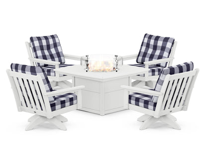 POLYWOOD® Vineyard 5-Piece Deep Seating Swivel Conversation Set with Fire Pit Table in White / Buffalo Plaid Navy