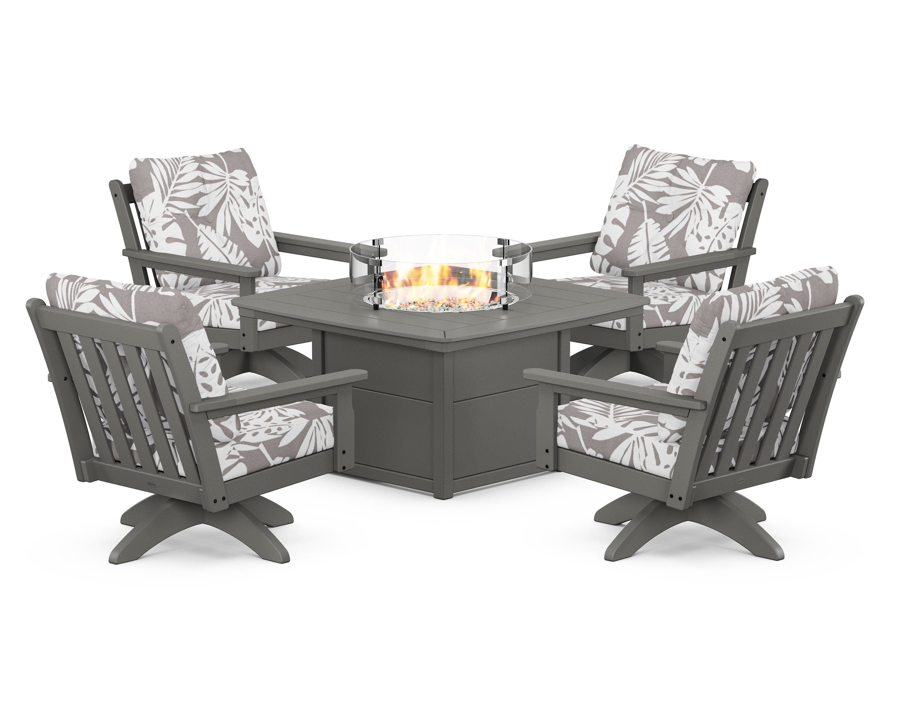 POLYWOOD® Vineyard 5-Piece Deep Seating Swivel Conversation Set with Fire Pit Table in Slate Grey / Leaf Grey Mist