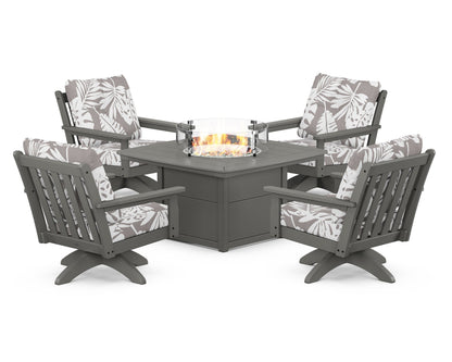 POLYWOOD® Vineyard 5-Piece Deep Seating Swivel Conversation Set with Fire Pit Table in Slate Grey / Leaf Grey Mist