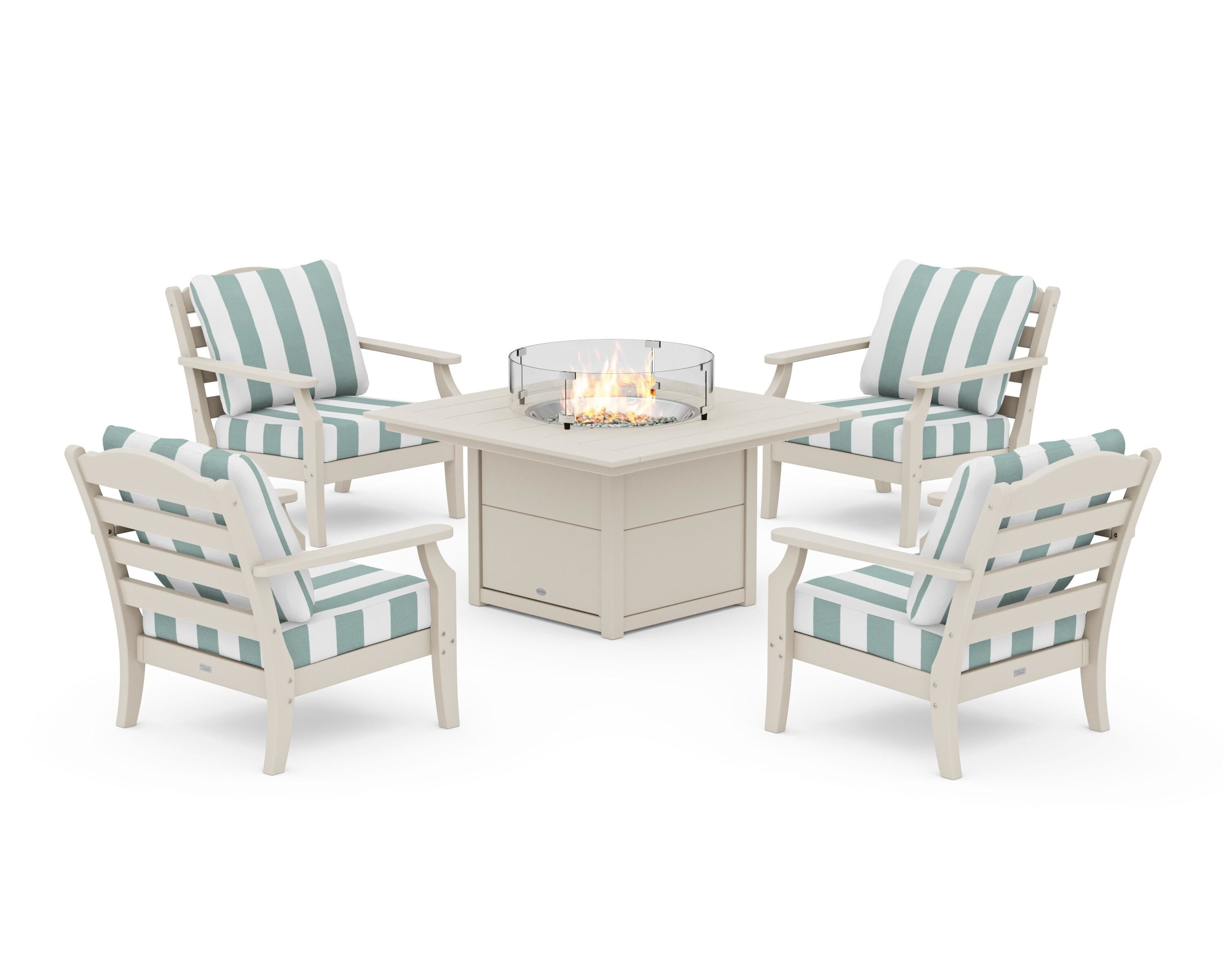 Draper James™ by  POLYWOOD® Savannah 5-Piece Deep Seating Set with Fire Pit Table in Sand / Cabana Stripe Glacier Spa