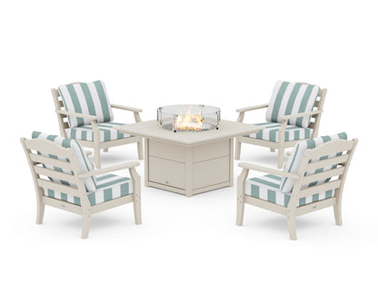 Draper James™ by  POLYWOOD® Savannah 5-Piece Deep Seating Set with Fire Pit Table in Sand / Cabana Stripe Glacier Spa