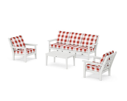 POLYWOOD® Chippendale 4-Piece Deep Seating Set with Sofa in White / Buffalo Plaid Crimson