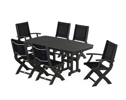 POLYWOOD® Coastal Folding Chair 7-Piece Dining Set in Black / Black Sling