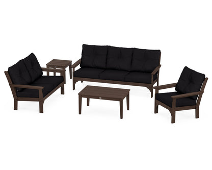 POLYWOOD® Vineyard 5 Piece Deep Seating Set in Mahogany / Midnight Linen