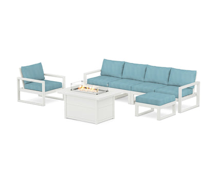 POLYWOOD® EDGE Sectional Lounge and Fire Pit Set in Vintage White / Lattice Sky Blue
