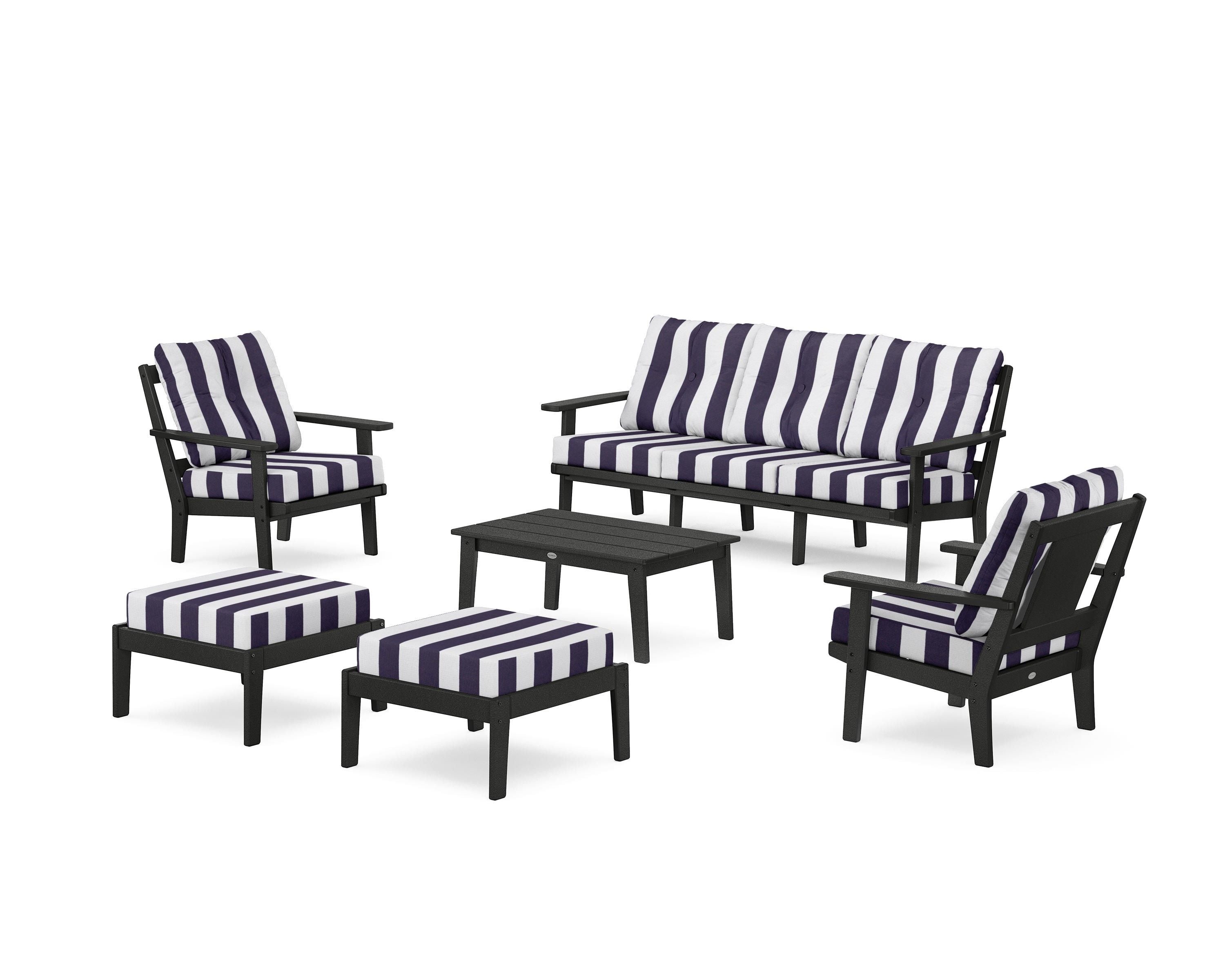 POLYWOOD® Prairie 6-Piece Lounge Sofa Set in Black / Cabana Stripe Navy