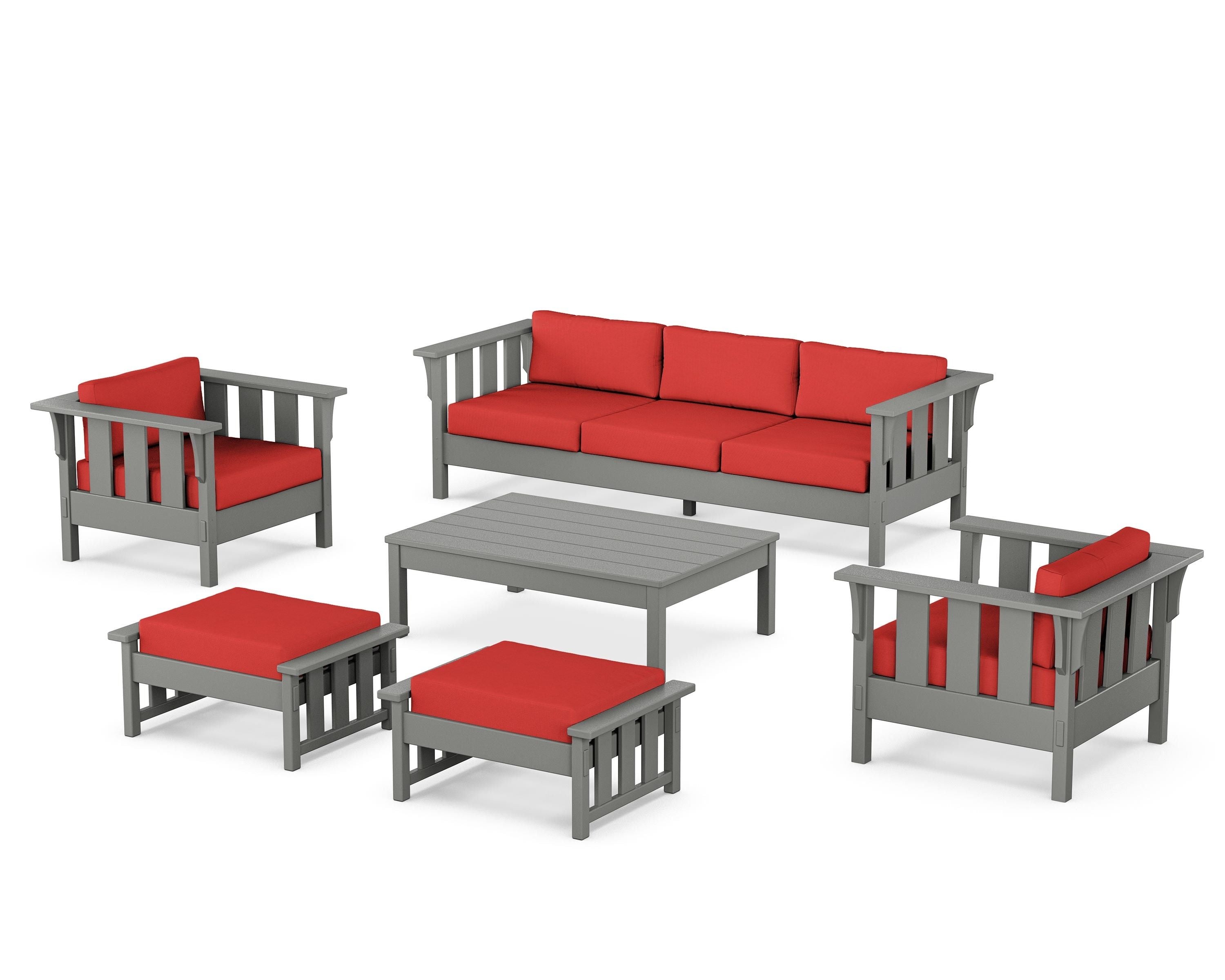 Martha Stewart by POLYWOOD® Acadia 6-Piece Lounge Sofa Set in Slate Grey / Crimson Linen