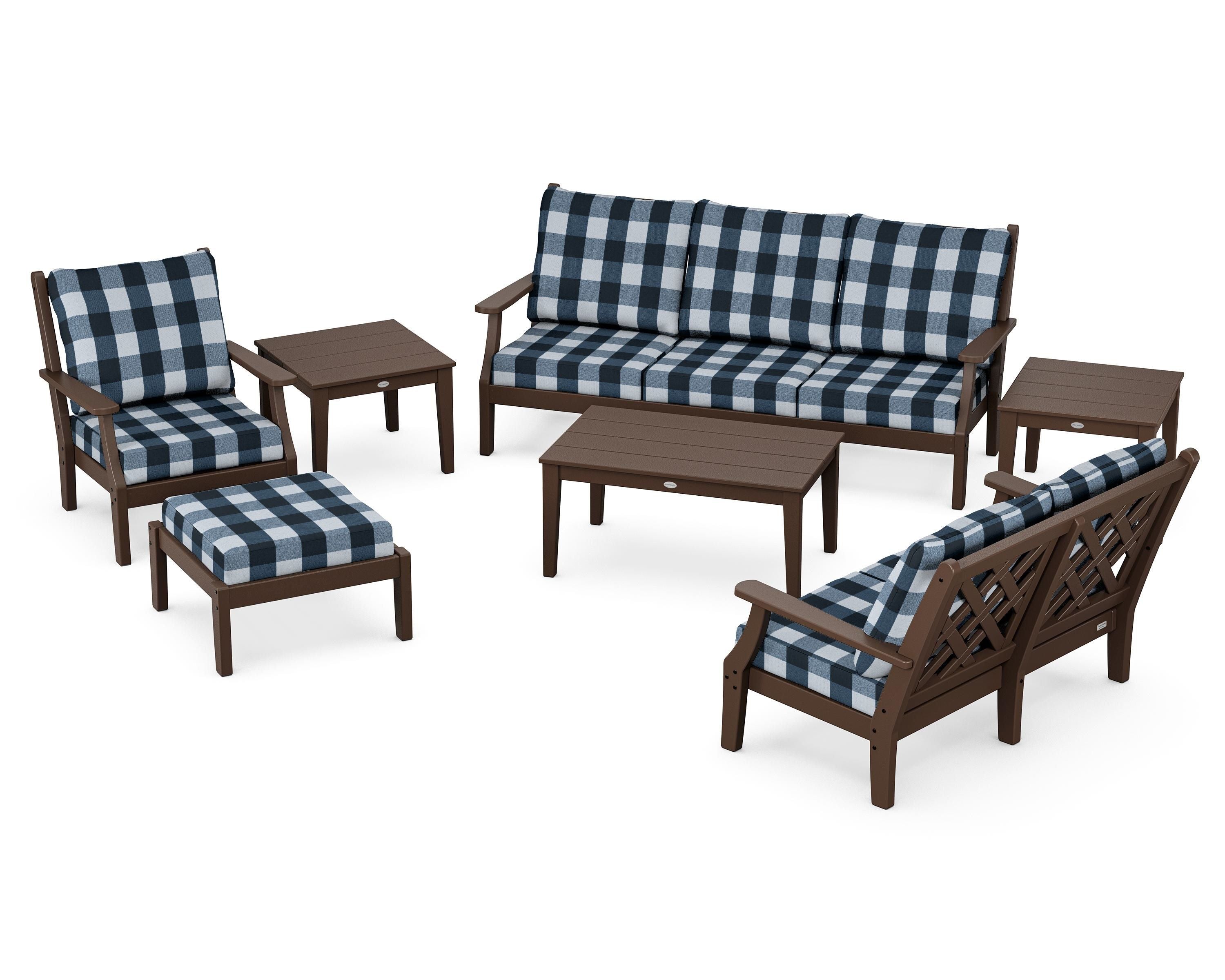 Country Living Wovendale 7-Piece Deep Seating Set in Mahogany / Buffalo Plaid Marine Indigo