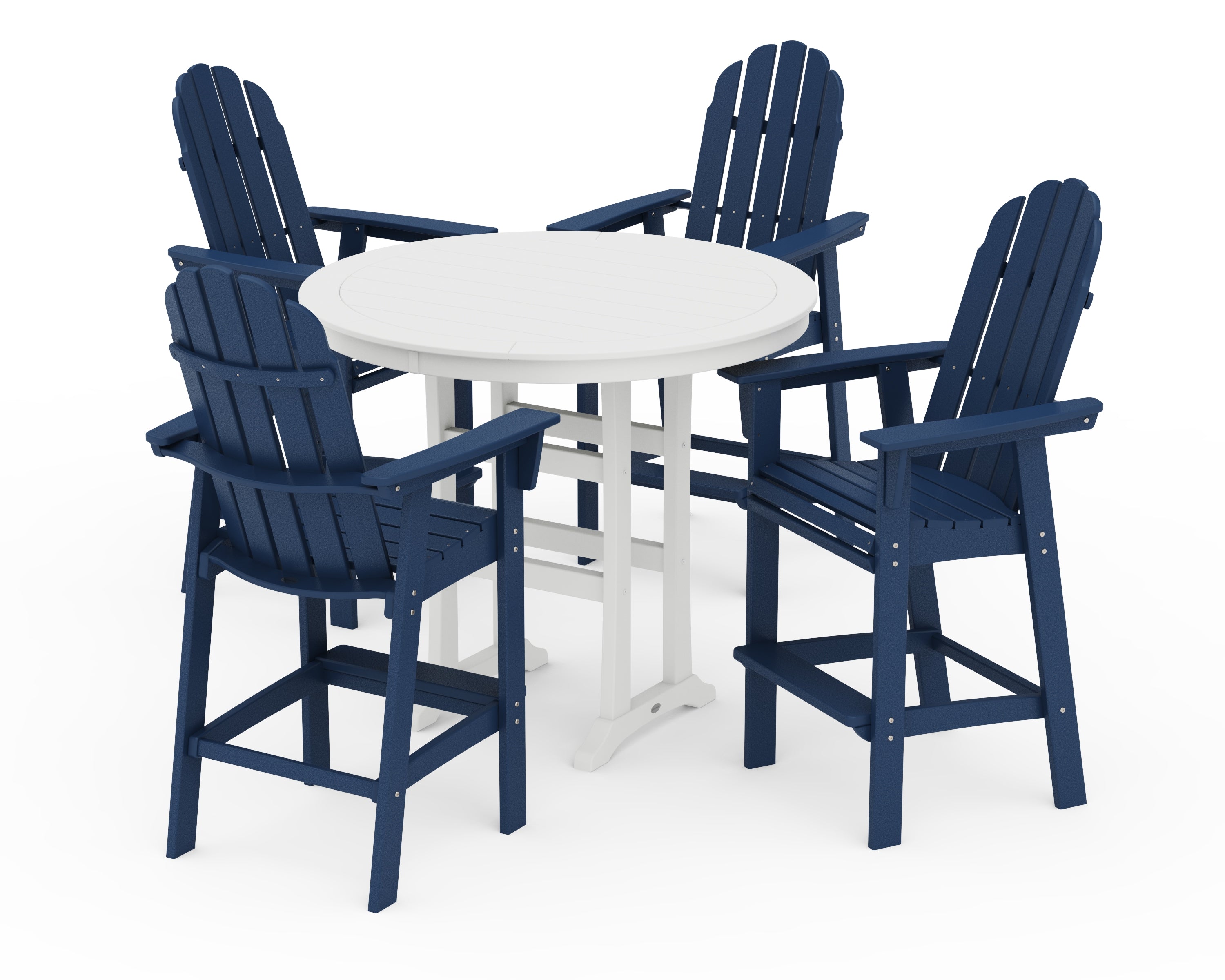 POLYWOOD® Vineyard Curveback Adirondack 5-Piece Nautical Trestle Bar Set in Navy / White