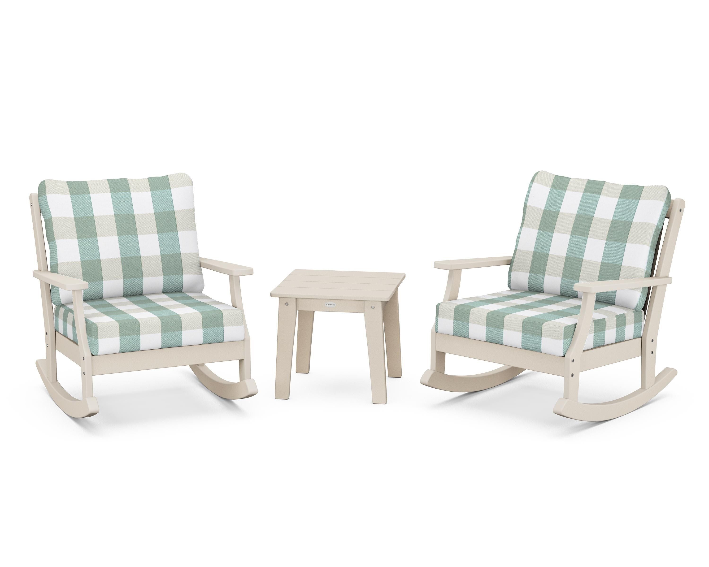POLYWOOD® Braxton 3-Piece Deep Seating Rocker Set in Sand / Buffalo Plaid Glacier Spa