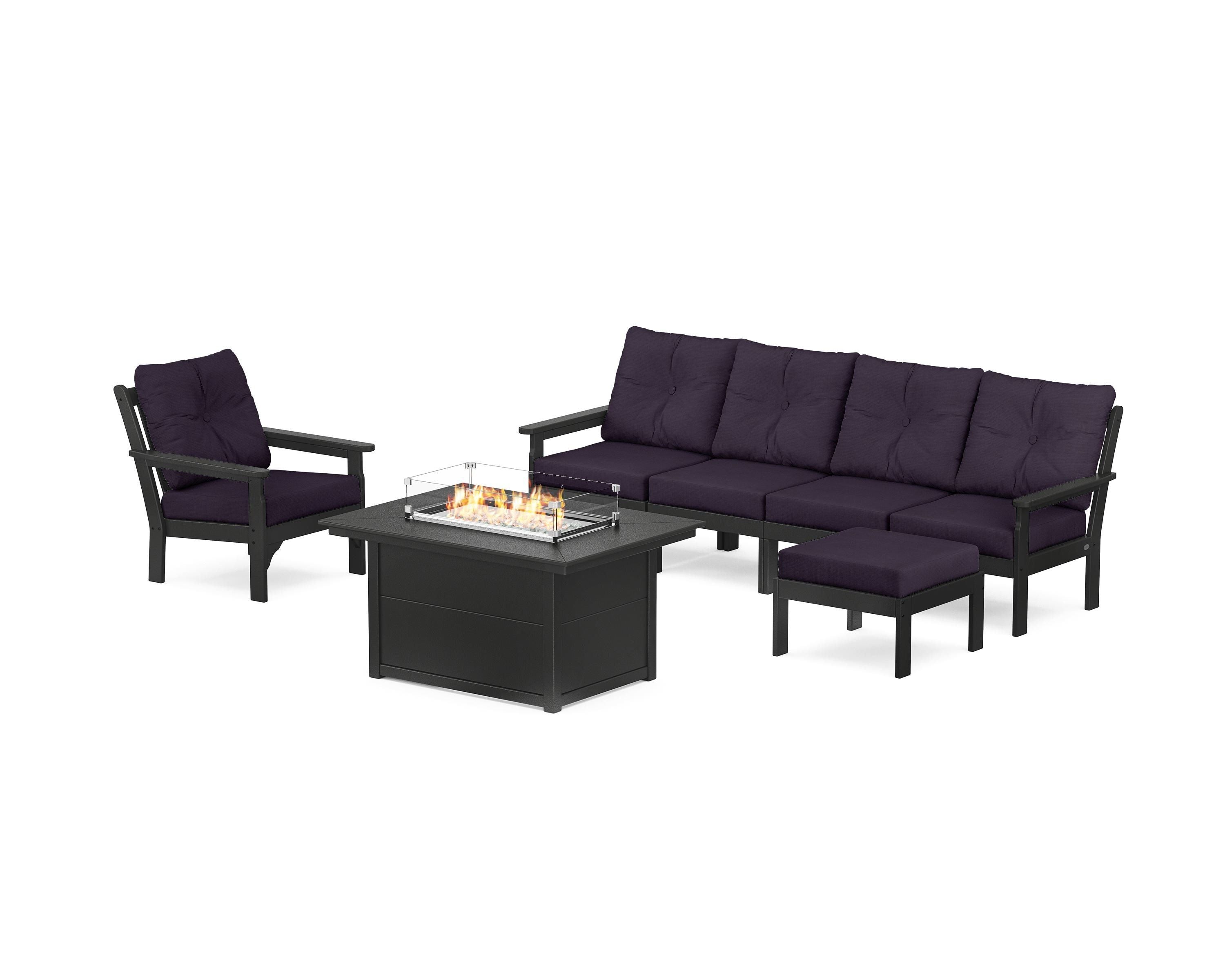 POLYWOOD® Vineyard Sectional Lounge and Fire Pit Set in Black / Navy Linen