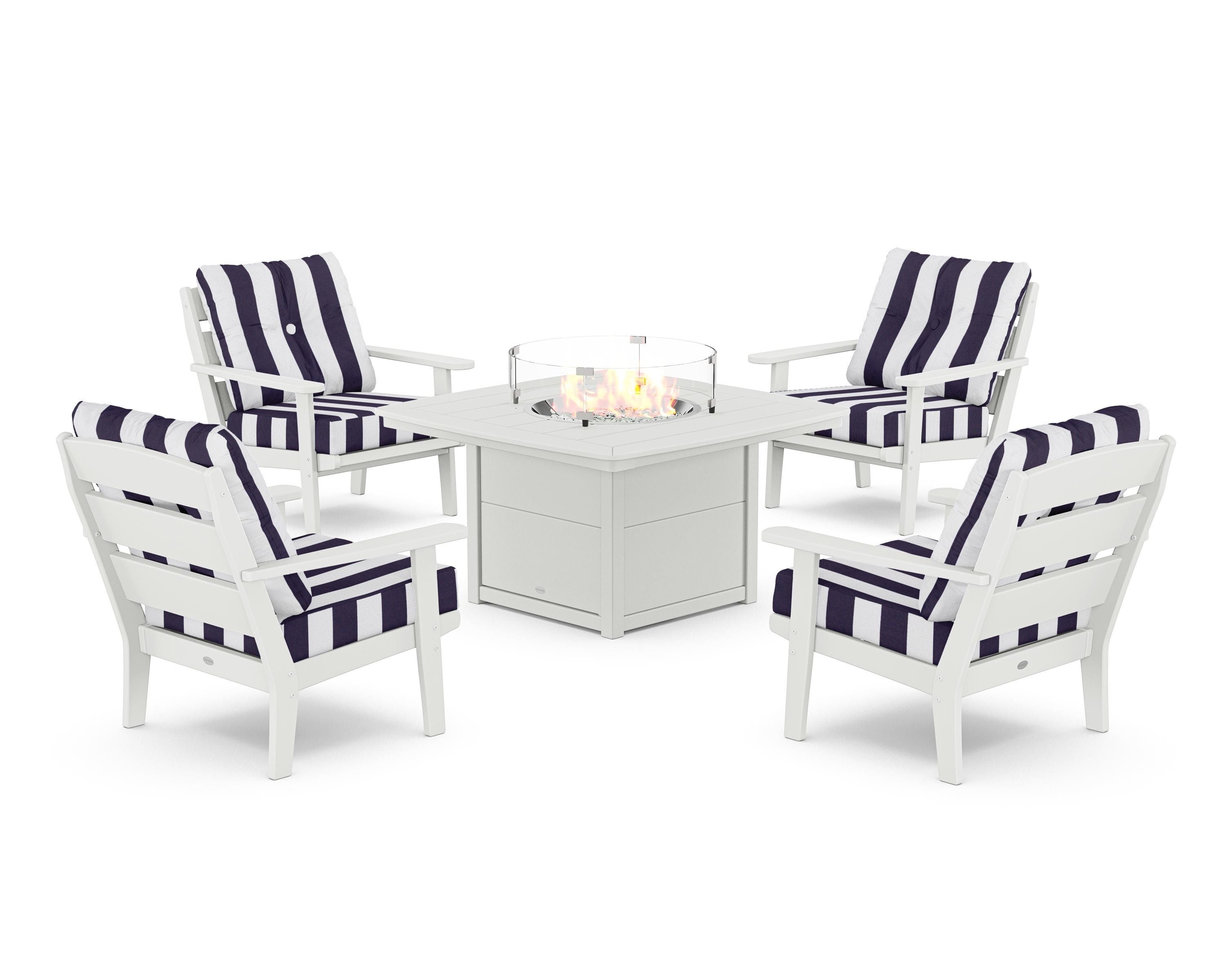 POLYWOOD® Lakeside 5-Piece Deep Seating Set with Nautical Fire Pit Table in White / Cabana Stripe Navy