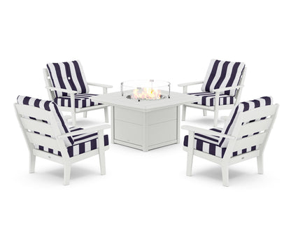 POLYWOOD® Lakeside 5-Piece Deep Seating Set with Nautical Fire Pit Table in White / Cabana Stripe Navy