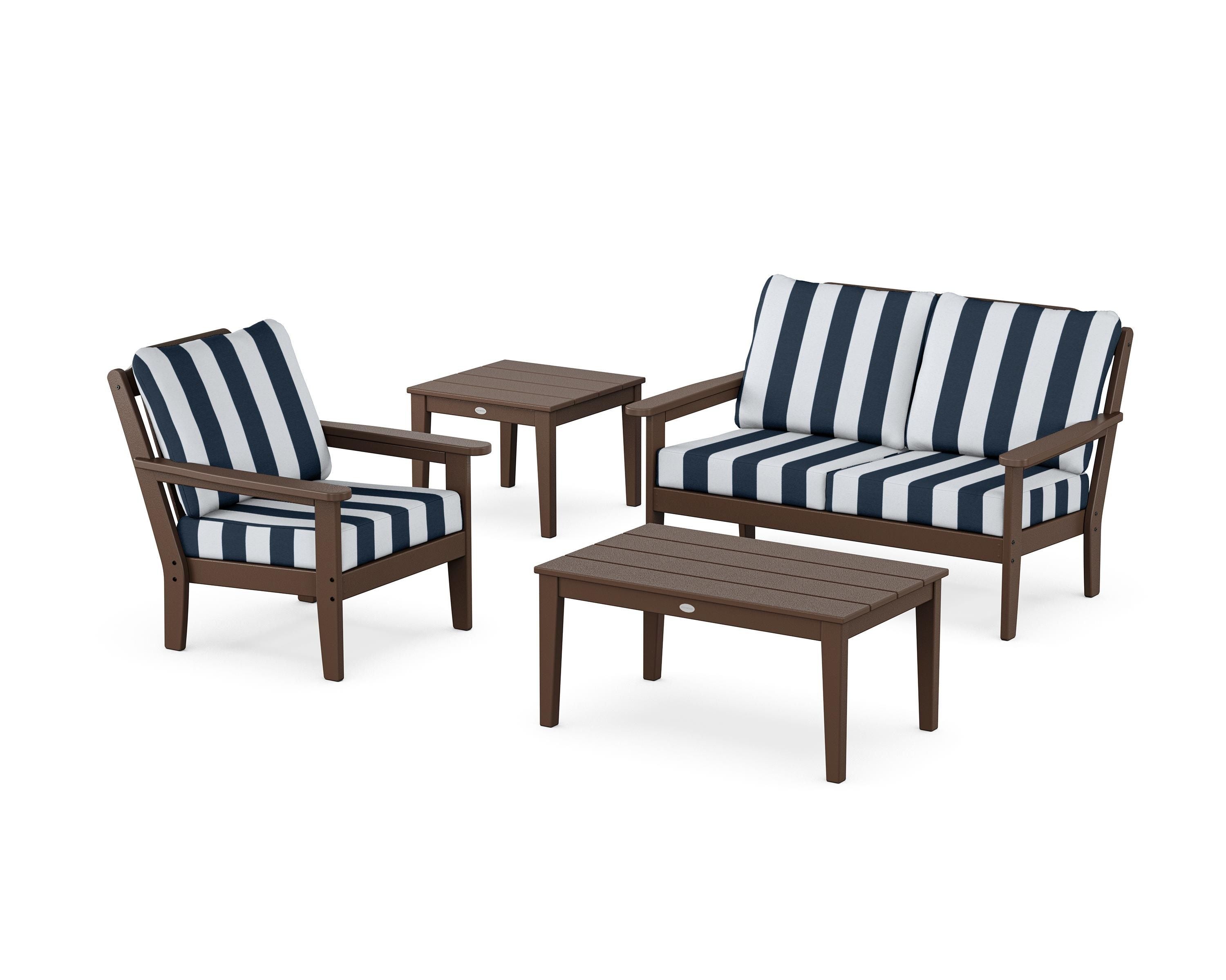 Country Living Wovendale 4-Piece Deep Seating Set in Mahogany / Cabana Stripe Marine Indigo