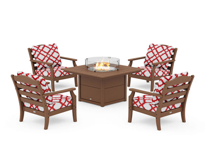 Draper James™ by  POLYWOOD® Savannah 5-Piece Deep Seating Set with Fire Pit Table in Teak / Trellis Crimson