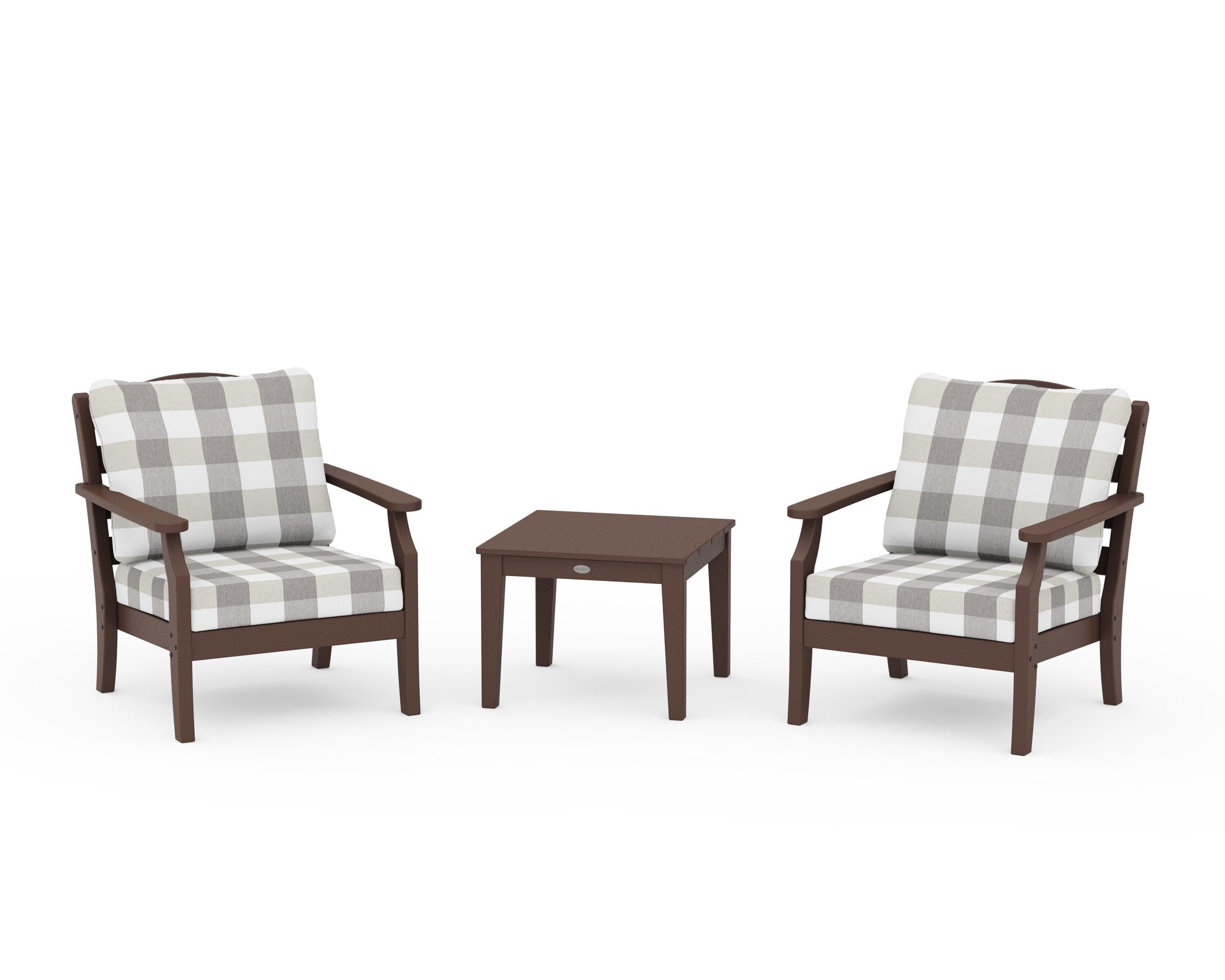 Draper James™ by  POLYWOOD® Savannah 3-Piece Deep Seating Set in Mahogany / Buffalo Plaid Grey Mist