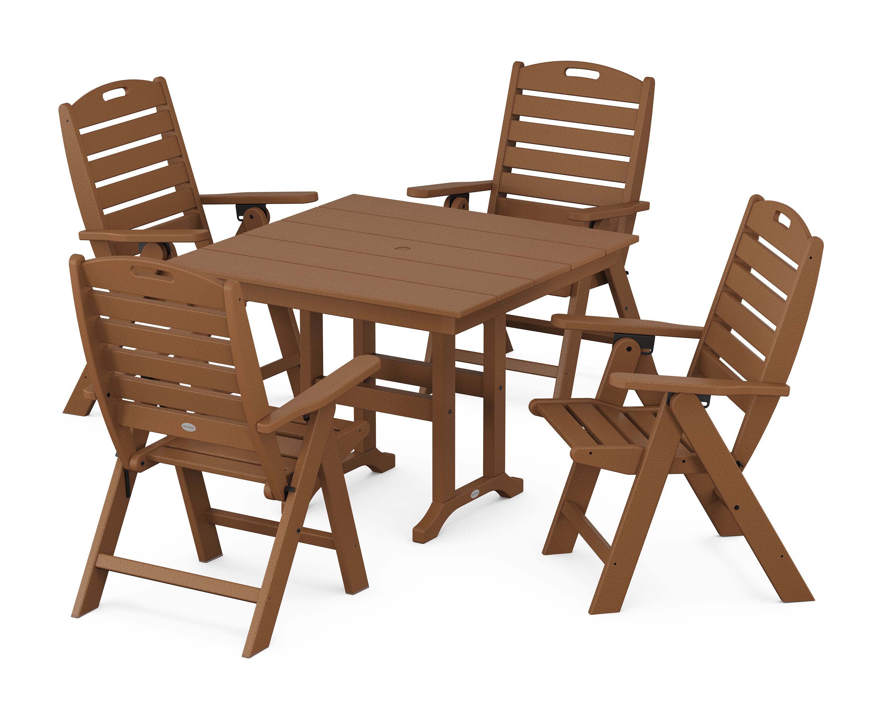 POLYWOOD® Nautical Folding Highback Chair 5-Piece Farmhouse Dining Set in Teak