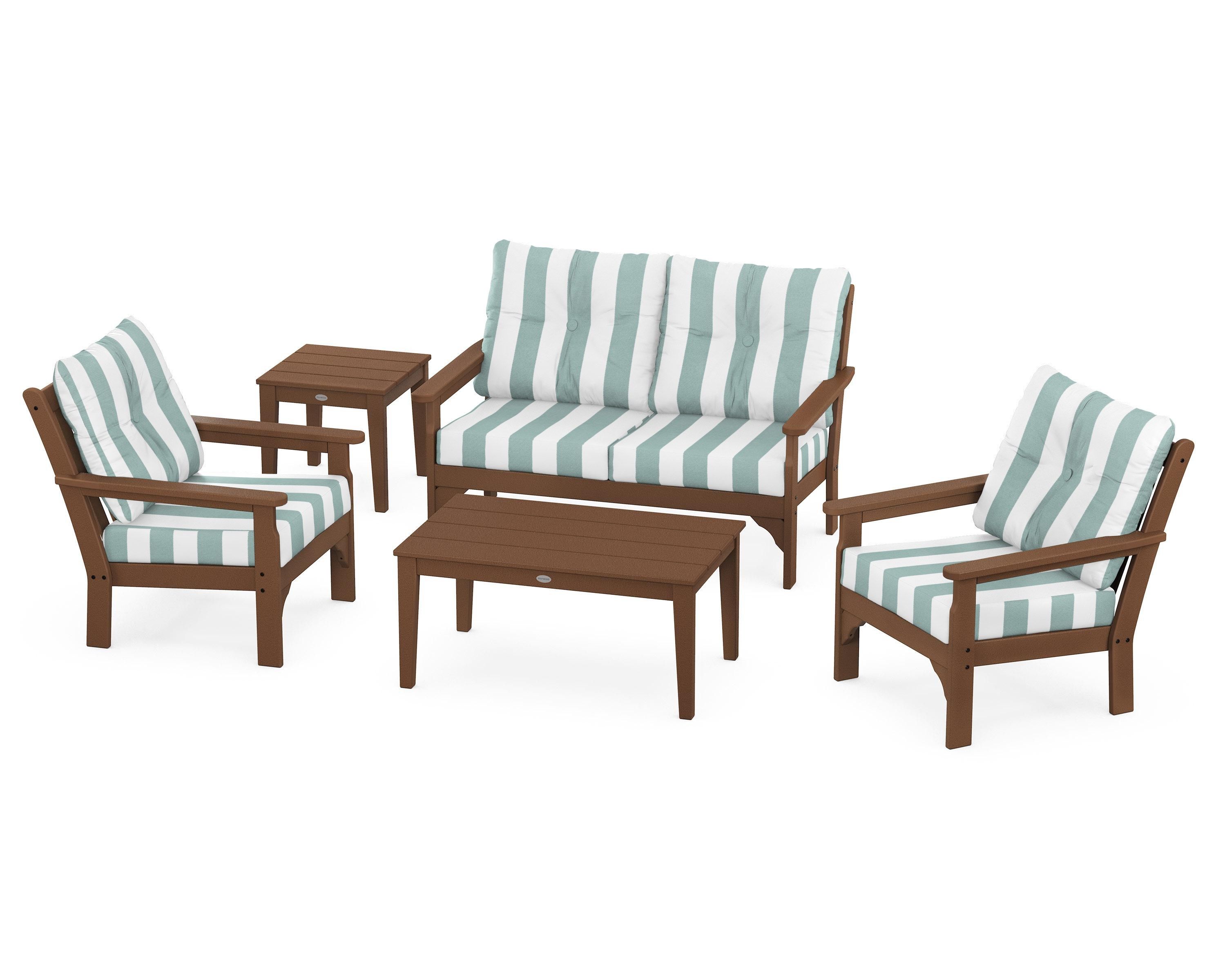 POLYWOOD® Vineyard 5-Piece Deep Seating Set in Teak / Cabana Stripe Glacier Spa