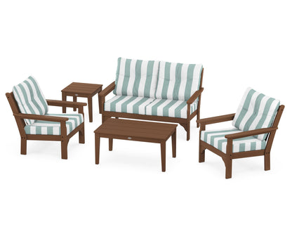 POLYWOOD® Vineyard 5-Piece Deep Seating Set in Teak / Cabana Stripe Glacier Spa