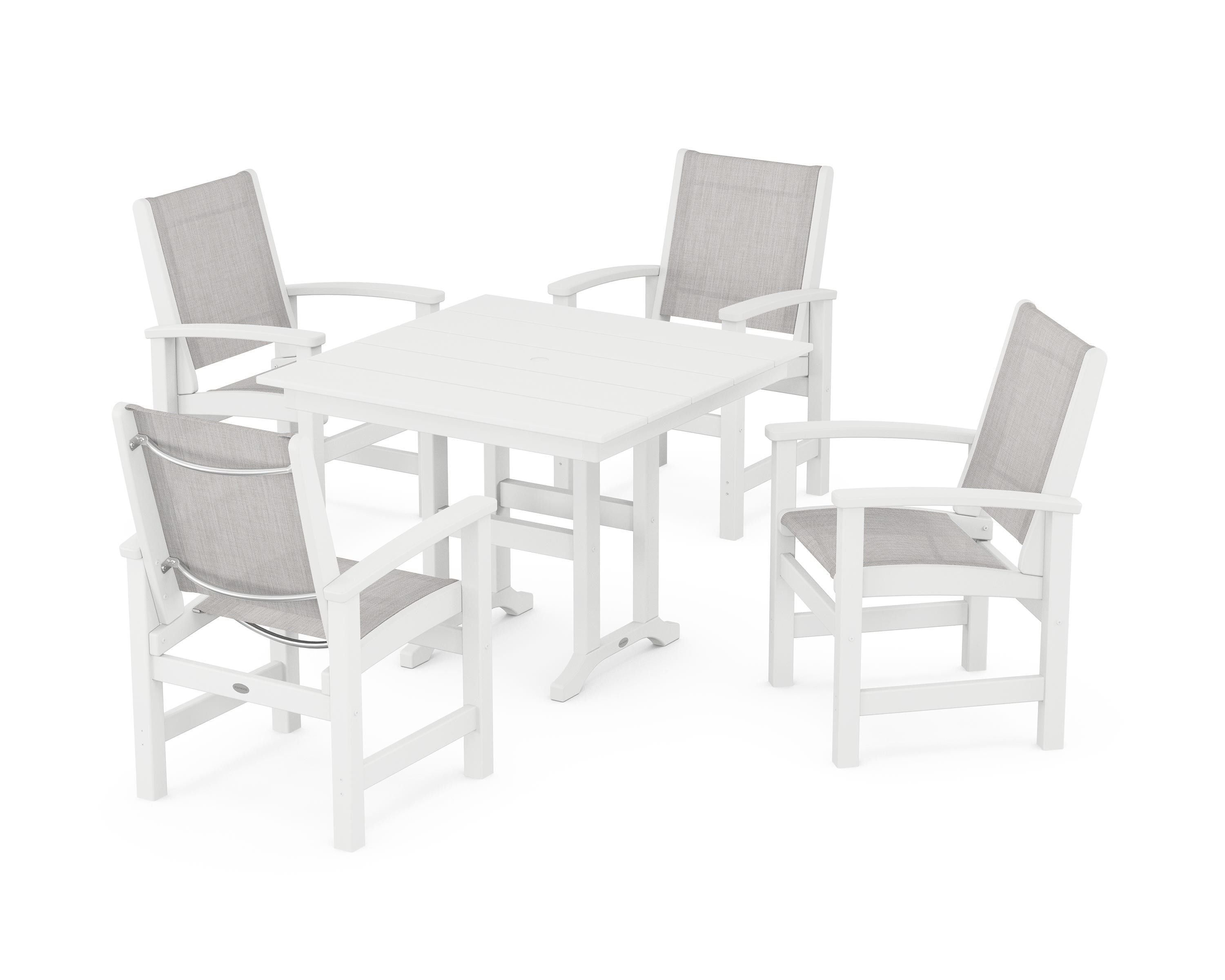POLYWOOD® Coastal 5-Piece Farmhouse Dining Set in White / Parchment Sling