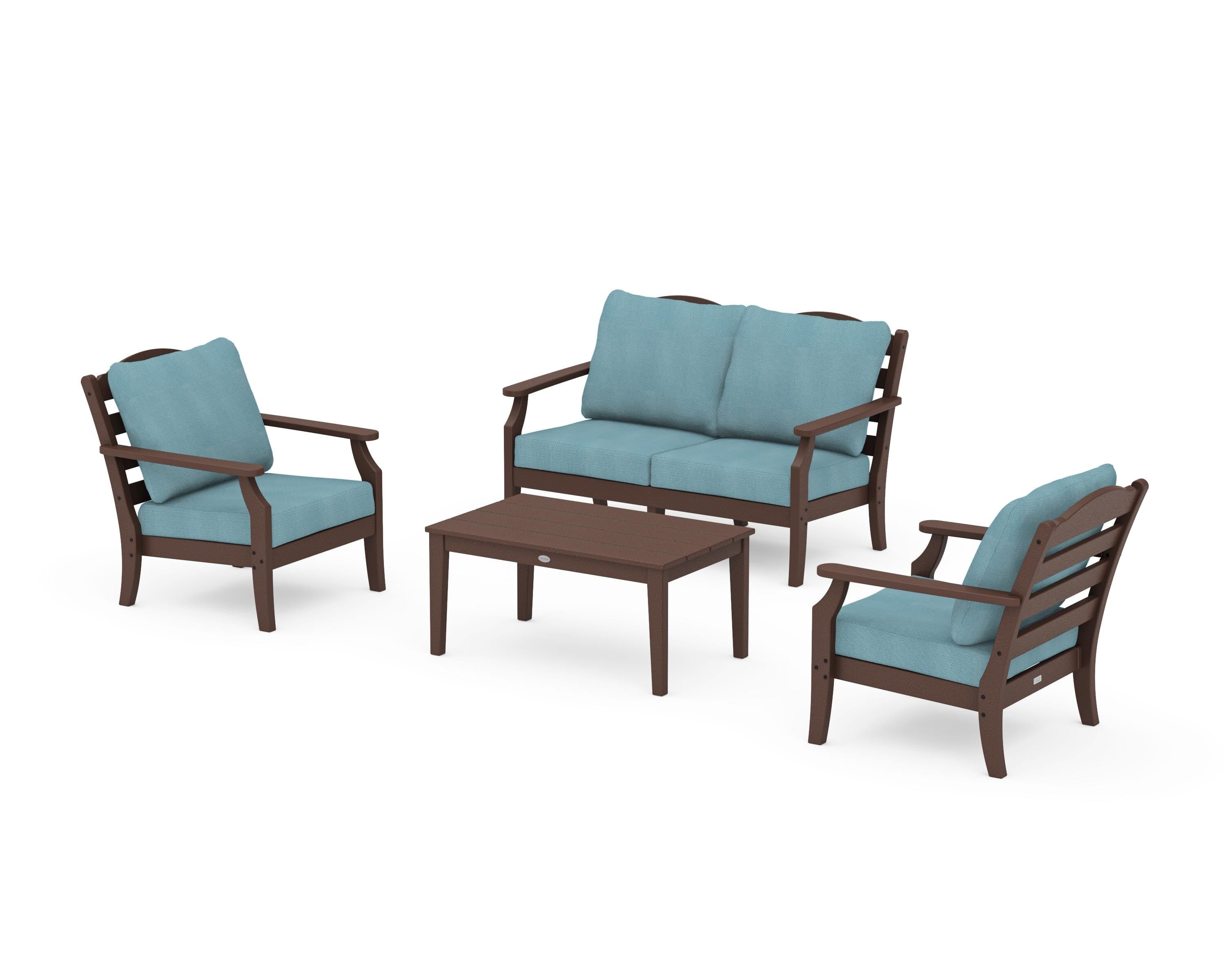 Draper James™ by  POLYWOOD® Savannah 4-Piece Deep Seating Set with Loveseat in Mahogany / Lattice Sky Blue