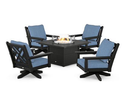POLYWOOD® Chippendale 5-Piece Deep Seating Swivel Conversation Set with Fire Pit Table in Black / Sky Blue