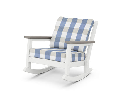 POLYWOOD® Chippendale Deep Seating Rocking Chair in White / Driftwood / Buffalo Plaid Sky Blue