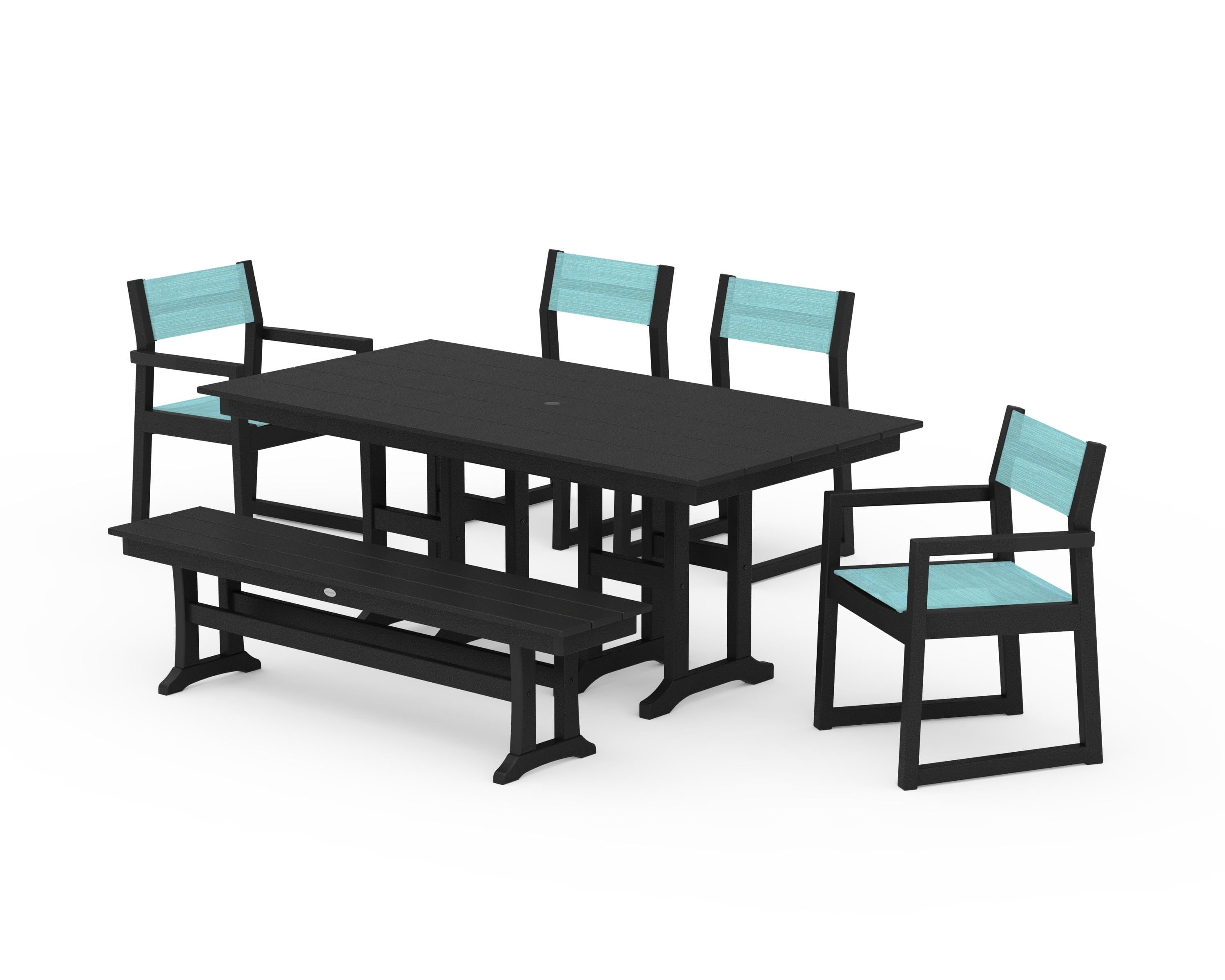 POLYWOOD® EDGE Sling 6-Piece Farmhouse Dining Set in Black / Dupioni Aquamarine Sling