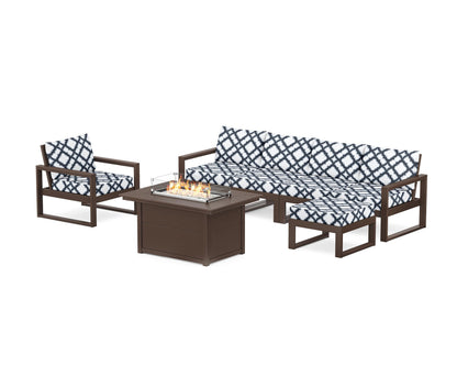 POLYWOOD® EDGE Sectional Lounge and Fire Pit Set in Mahogany / Trellis Marine Indigo