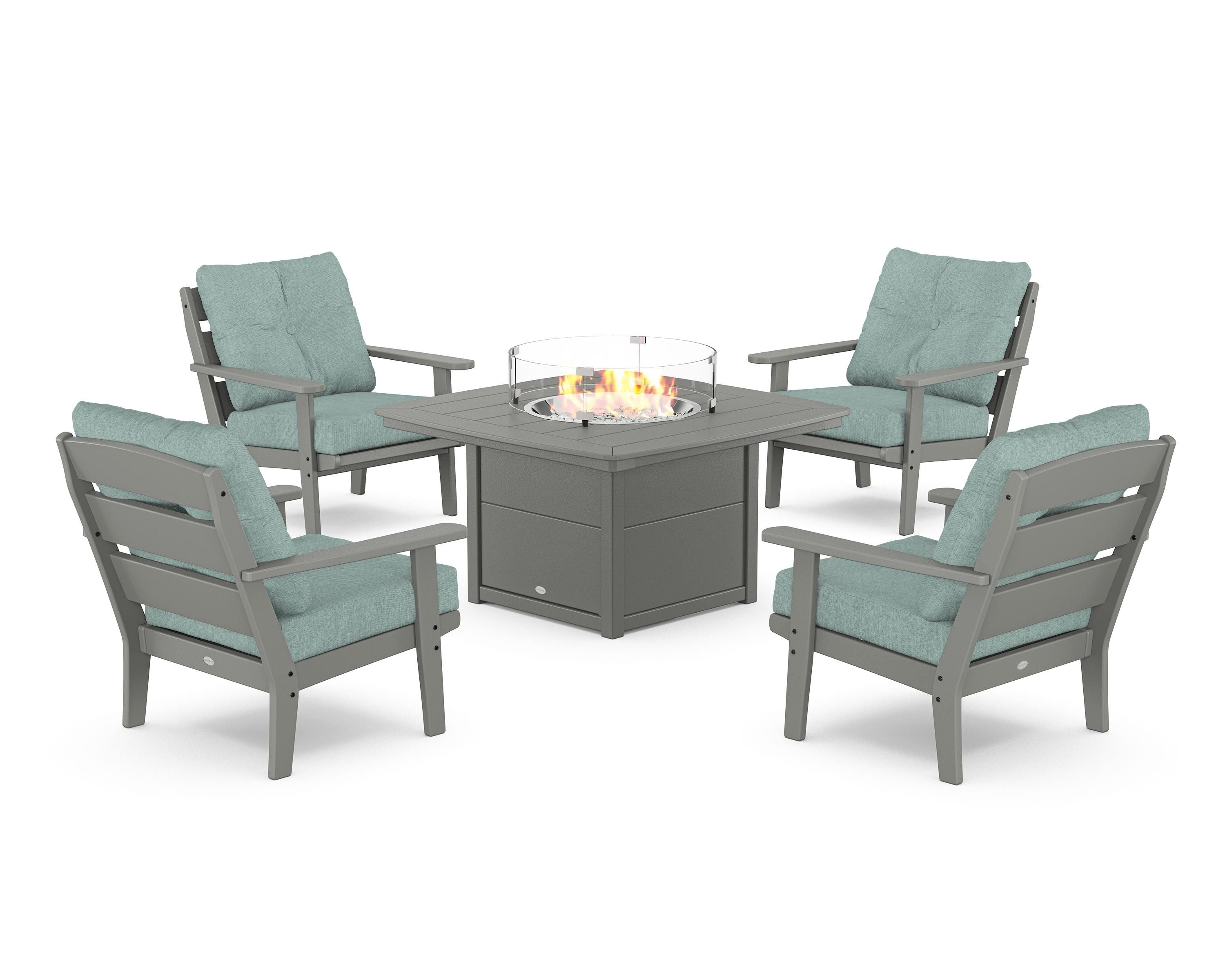 POLYWOOD® Lakeside 5-Piece Deep Seating Set with Nautical Fire Pit Table in Slate Grey / Glacier Spa