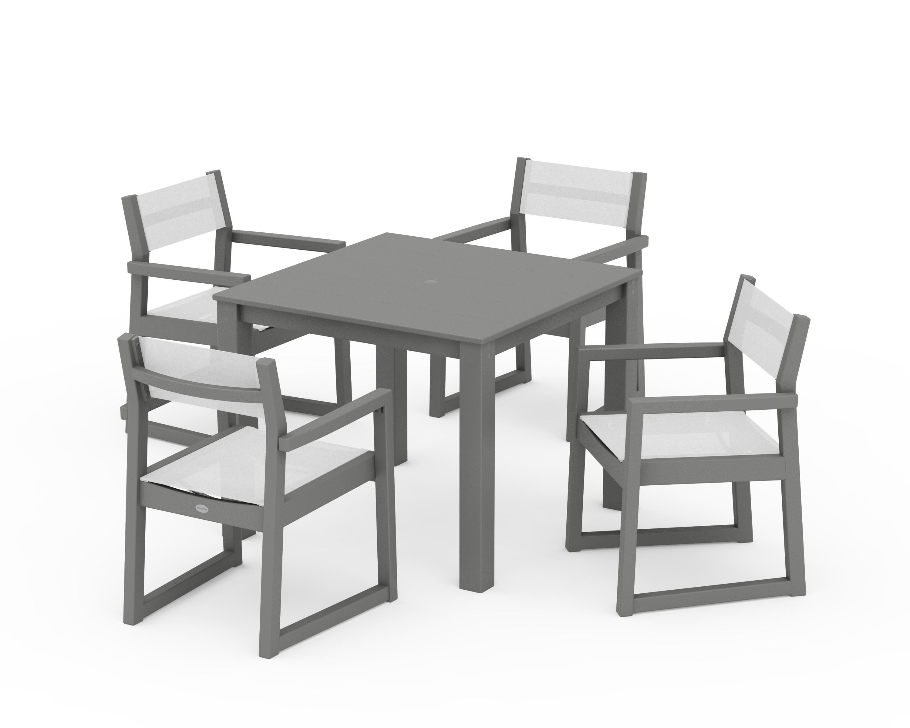 POLYWOOD® EDGE Sling Arm Chair 5-Piece Parsons Dining Set in Slate Grey / White Sling