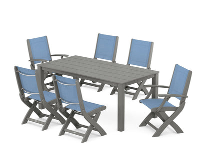 POLYWOOD® Coastal Folding Chair 7-Piece Parsons Dining Set in Slate Grey / Poolside Sling
