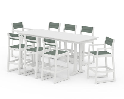 POLYWOOD® EDGE Sling 9-Piece Farmhouse Bar Set with Trestle Legs in White / Dupioni Sea Mist Sling