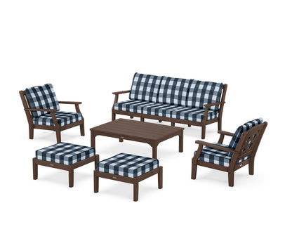 Martha Stewart by POLYWOOD® Chinoiserie 6-Piece Lounge Sofa Set in Mahogany / Buffalo Plaid Marine Indigo