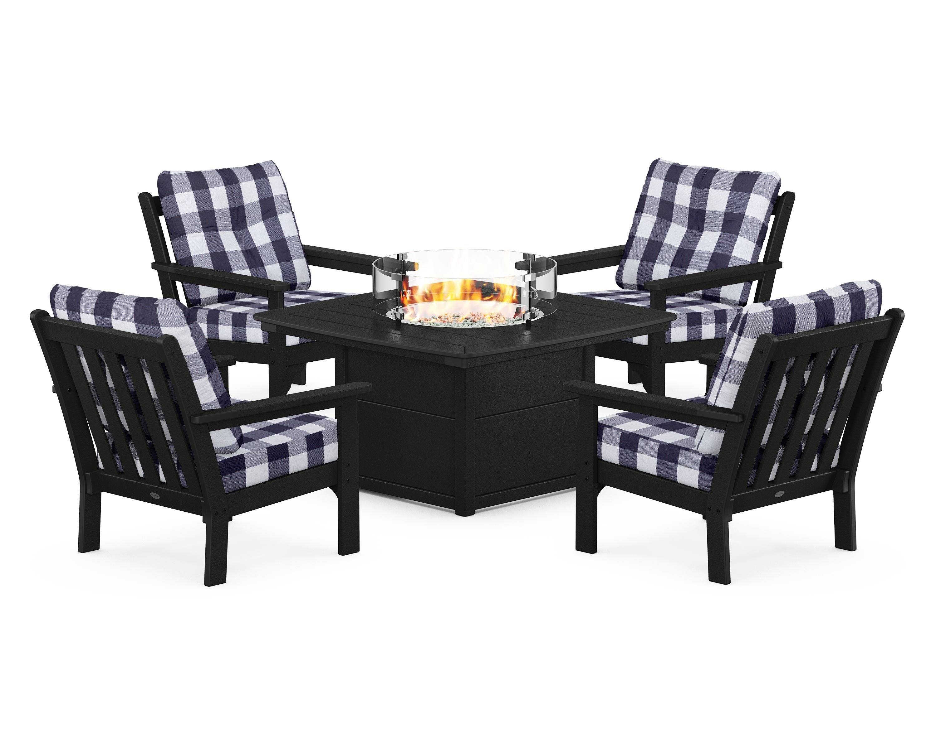 POLYWOOD® Vineyard 5-Piece Conversation Set with Fire Pit Table in Black / Buffalo Plaid Navy