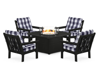 POLYWOOD® Vineyard 5-Piece Conversation Set with Fire Pit Table in Black / Buffalo Plaid Navy