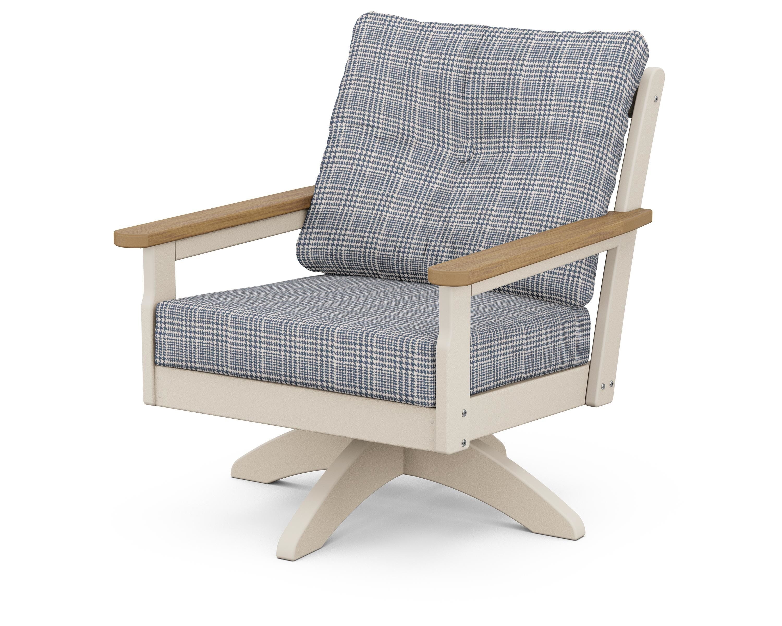 POLYWOOD® Vineyard Deep Seating Swivel Chair in Sand / Natural / Houndstooth Sky Blue