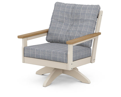 POLYWOOD® Vineyard Deep Seating Swivel Chair in Sand / Natural / Houndstooth Sky Blue
