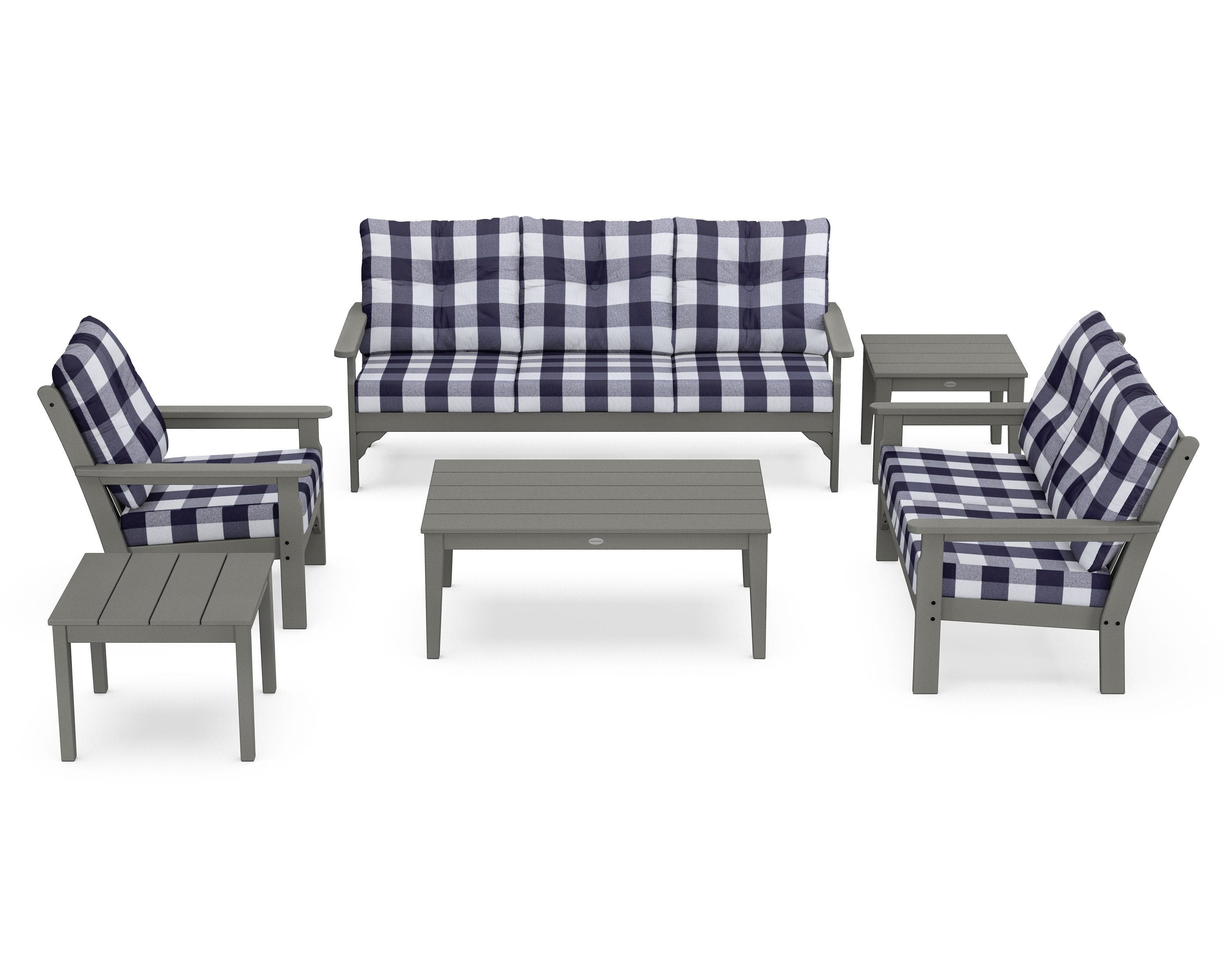 POLYWOOD® Vineyard 6-Piece Deep Seating Set in Slate Grey / Buffalo Plaid Navy