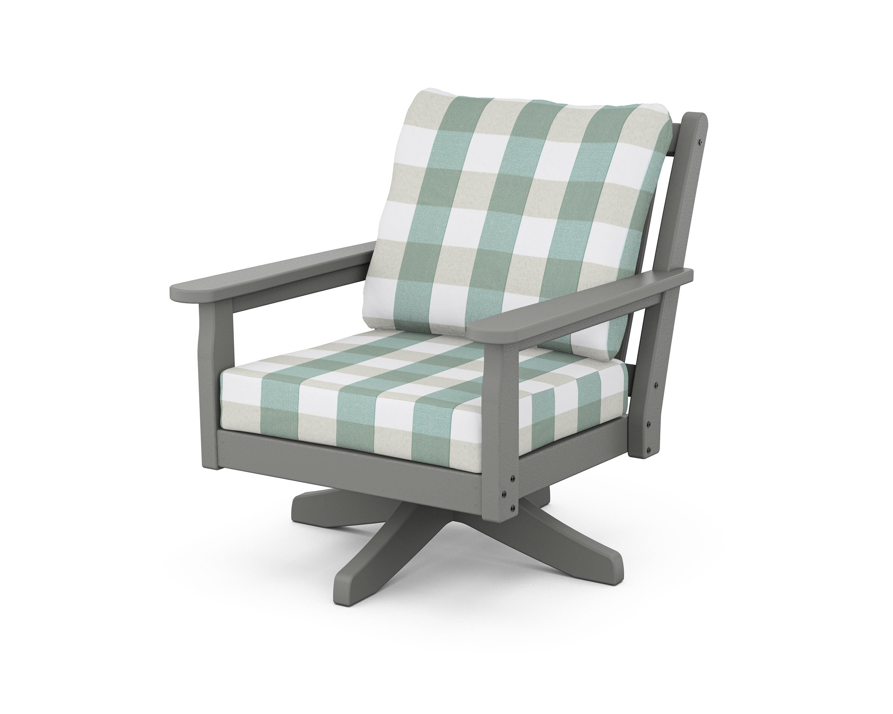 POLYWOOD® Chippendale Deep Seating Swivel Chair in Slate Grey / Buffalo Plaid Glacier Spa