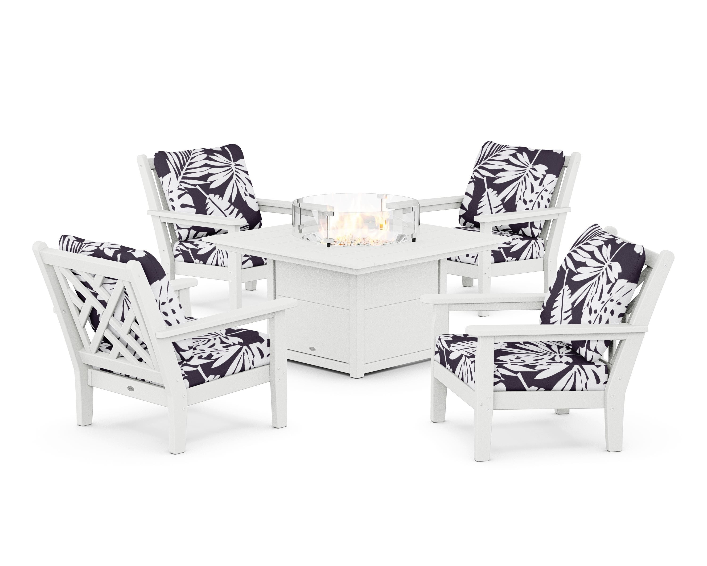 POLYWOOD® Chippendale 5-Piece Deep Seating Set with Fire Pit Table in White / Leaf Navy
