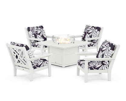POLYWOOD® Chippendale 5-Piece Deep Seating Set with Fire Pit Table in White / Leaf Navy