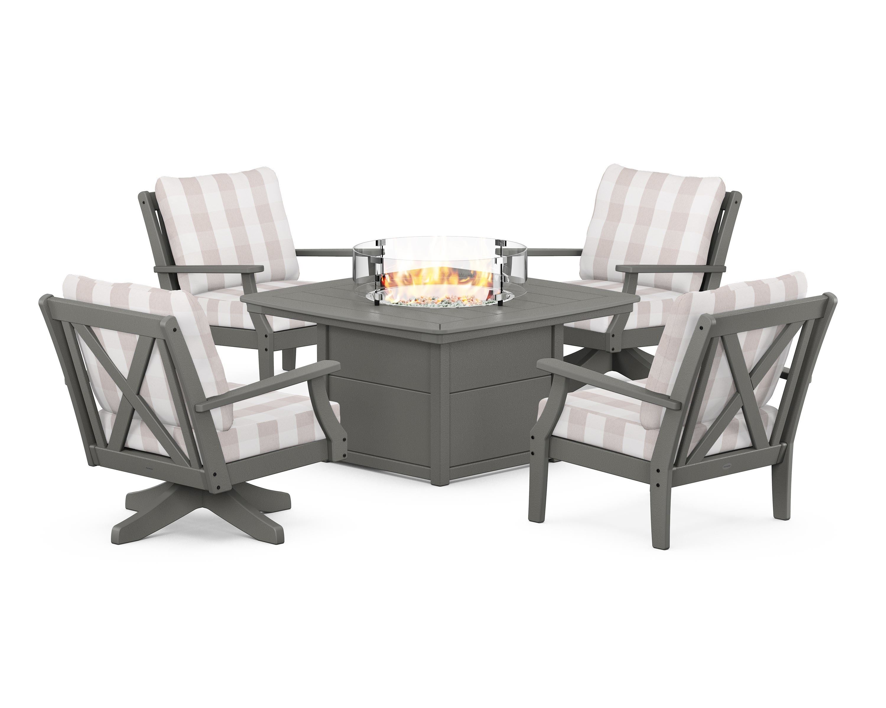 POLYWOOD® Braxton 5-Piece Deep Seating Set with Fire Table in Slate Grey / Buffalo Plaid Dune Burlap