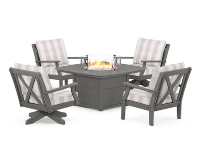 POLYWOOD® Braxton 5-Piece Deep Seating Set with Fire Table in Slate Grey / Buffalo Plaid Dune Burlap