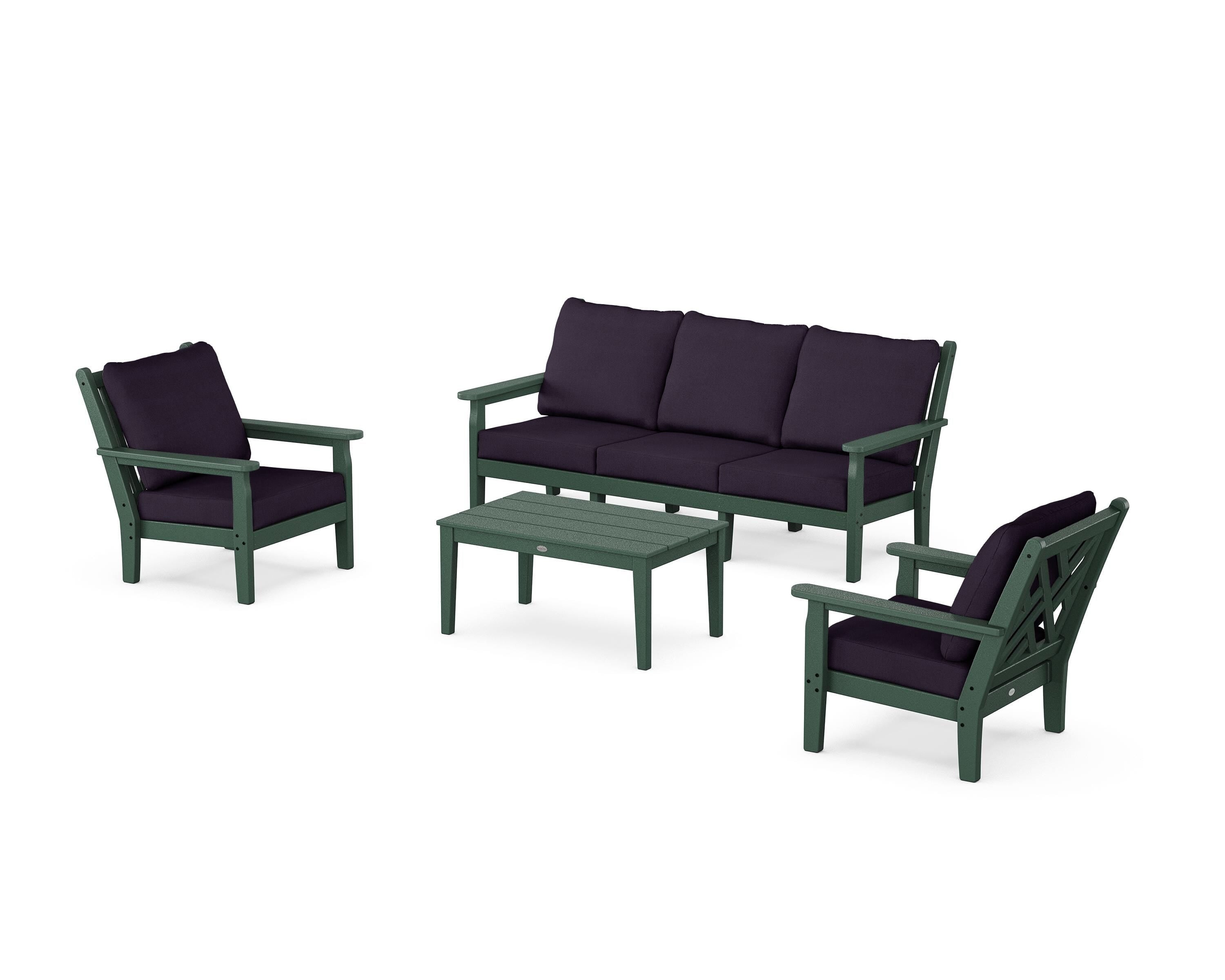 POLYWOOD® Chippendale 4-Piece Deep Seating Set with Sofa in Green / Navy Linen
