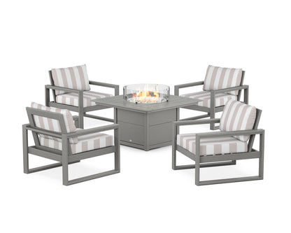 POLYWOOD® EDGE Sectional 5-Piece Deep Seating Set with Fire Pit Table in Slate Grey / Cabana Stripe Dune Burlap