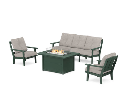 POLYWOOD® Mission Deep Seating Fire Pit Table Set in Green / Weathered Tweed