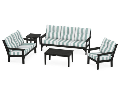 POLYWOOD® Vineyard 5 Piece Deep Seating Set in Black / Cabana Stripe Glacier Spa