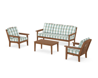 Country Living Cottage 4-Piece Deep Seating Set with Sofa in Teak / Buffalo Plaid Glacier Spa